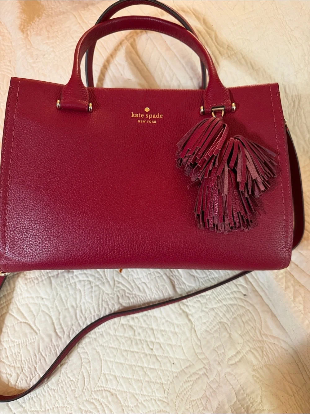 kate spade Berry Red Pebbled Leather Satchel with Tassel. NWT